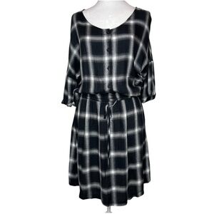 Ellison Plaid 3/4 Sleeves Drawstring Waist Pockets Lightweight Mini Dress Medium